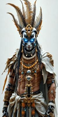 The primary subject of the image is a man wearing a costume with a mask and a cape. The man is standing in front of a white background, which creates a clean and minimalistic visual style. The costume and mask give the image a futuristic and fantasy-like atmosphere. The man's outfit is adorned with gold and blue colors, adding a touch of elegance and sophistication to the scene.